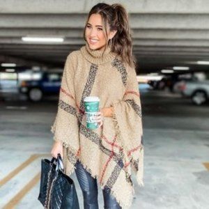 Plaid Beige Turtleneck Poncho